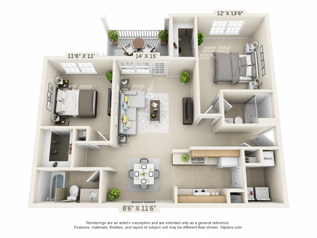 Floor plan for 2 beds, 2 baths, 1056 sqft